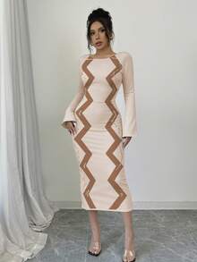 Elenzga 女士喇叭袖毛衣连衣裙 - 卡其色 - 查看 4