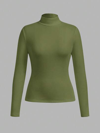 SHEIN BASICS Basic Turtleneck Slim Long Sleeve Solid Color Women's Top For Fall And Winter, Upgraded Thermal Lined Warm Fabric, Stylish, Casual, Comfortable, Versatile Without Looking Bulky