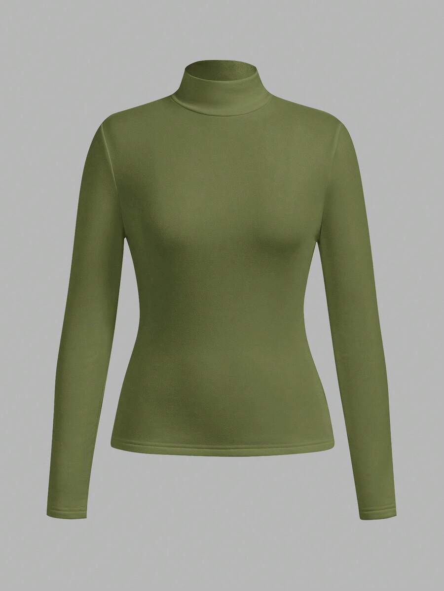 SHEIN BASICS 秋冬季基础款高领修身长袖纯色女式上衣,升级保暖内衬面料,时尚休闲舒适,百搭不臃肿 - 綠色 - 查看 1