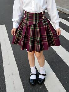 SHEIN Váy ngắn xếp ly màu trơn cho bé gái tuổi teen, váy đen, váy ngắn, thiết kế đa năng, cho mùa đông/thu/hè - Đỏ - Xem 1