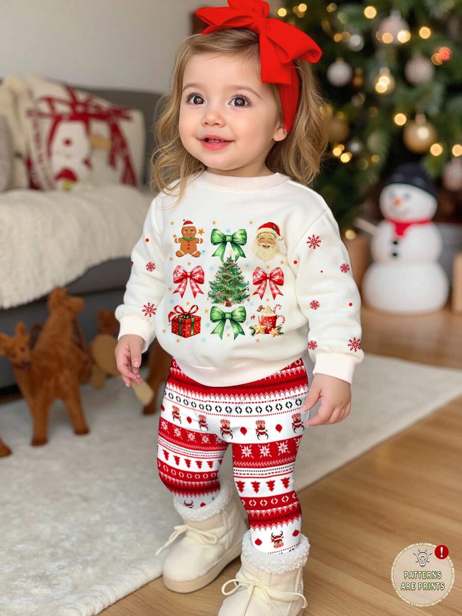 Baby Girl Christmas Outfits,Cute White Autumn Long Sleeve Sweatshirt And Leggings Set,Cartoon Santa Claus Birthday Party Pant Set For Toddler - Multicolor - View 1