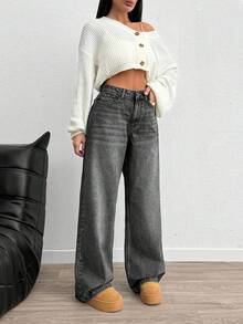 EURMUSE Pantalones vaqueros de tiro alto, pierna ancha, estilo Y2K, corte holgado para mujer - Gris Claro - Ver 5