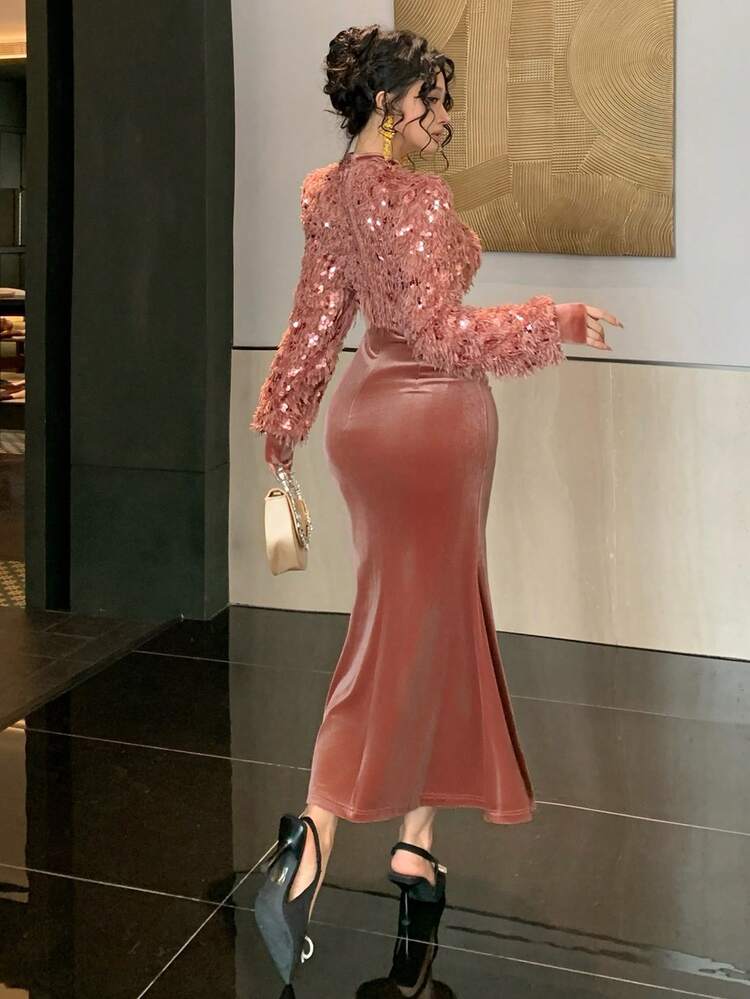 Women's Elegant Sequin Texture Patchwork Pleated Thermal Lined Mid-Length Dress, Autumn/Winter New Year Christmas Carnival Sparkly Dress