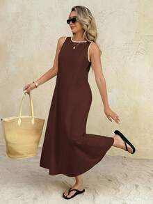 SHEIN Frenchy Women's Casual Loose Sleeveless Round Neck Long Dress Summer Brown Casual Long Dress Brown Elegant Dress Women Brown Summer Dress Beach - Brown - View 3