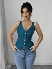 Elenzga Solid Color Front Button Fitted V-Neck Elegant Fashion Top - Blue - View 3
