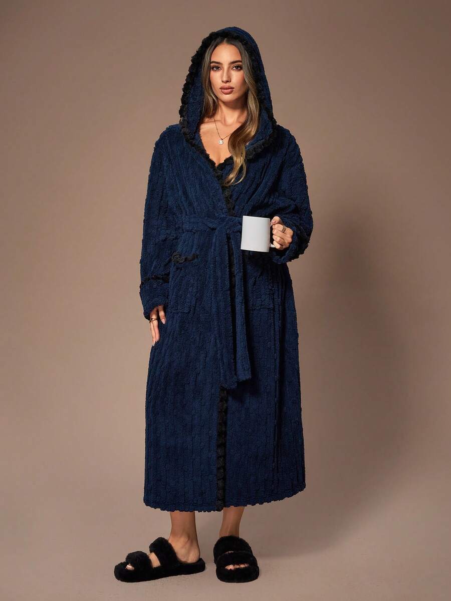 SHEIN Contrast Color Pom Pom Hooded Jacquard Fleece Women Robe Robes For Women Fluffy Fuzzy Robe Women's Robe Night Robe Women Robes For Women Winter - Navy Blue - View 1