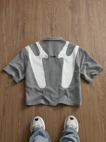 SWAVVY Men's Fashion Corduroy Patchwork Short Sleeve Shirt, Spring/Summer Cropped Graphic Shirt Men Crop Shirt Grey Shirt Graphic