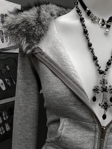 StreetHx 女士街头风保暖连帽拉链卫衣，长袖，秋冬款 - 灰色 - 查看 5