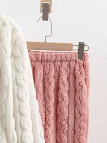 Genkimix Kids 2pcs Girls' Plush Jacquard Crew Neck Long Sleeve Top And Pants Pajama Set With Bear & Letter Pattern, Comfortable