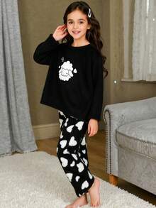Girls Pajamas, Elegant Casual Home Wear, Long Sleeve Top & Pants Set, Cloud & Smile Embroidery, Starry Sky Pattern, Fleece Fabric, Suitable For Tween Girlsin Autumn/Winter