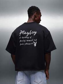 PLAYBOY X SUMWON Boxy Fit Short Sleeve T-Shirt With Back Graphic Print And Script Text Design Casual Everyday Wear Summer Spring Top - Black - View 4