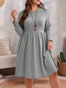 EMERY ROSE 大码纯色圆领口袋休闲长袖秋季连衣裙 - 灰色 - 查看 3