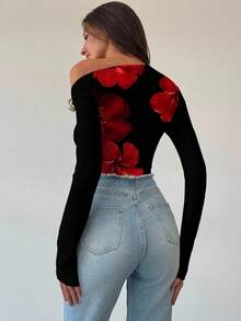 Aloruh Body sofisticado y moderno de color negro con decoración metálica de nudo retorcido, estampado floral rojo sexy en todo el Body, adecuado para citas, estiloso para combinar capas, body versátil - Negro - Ver 2