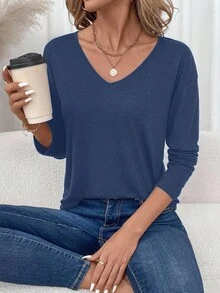 SHEIN LUNE Áo thun dài tay cổ chữ V màu trơn dáng casual dành cho nữ, đa năng, thích hợp mặc nhiều lớp và hàng ngày, phù hợp cho mùa thu/đông. - Màu xanh lam - Xem 6