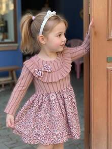 Souflis Souflis Infant/Baby Girl Knitted Round Neck Floral Ruffle Hem Dress, Lotus Root Pink