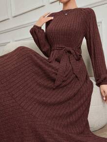 Mulvari Women's Extra Long Conservative Knitted Fleece Elegant Crew Neck Pullover Dress, Suitable For Everyday Wear In Autumn/Winter - Brown - View 5