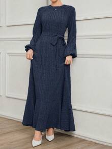 Mulvari 女士加长款保守针织抓绒优雅圆领套头连衣裙，适合日常穿着，秋冬季 - 藏蓝色 - 查看 4