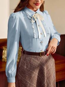 Vintamour 复古优雅女士衬衫，撞色滚边，蝴蝶结荷叶边下摆，纽扣设计，休闲百搭，适合工作、度假、秋季、冬季、圣诞节、新年、感恩节等各种场合。 - 淺藍色 - 查看 7