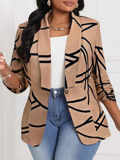 Fleurora 大码女式条纹印花披肩领褶皱七分袖休闲西装外套