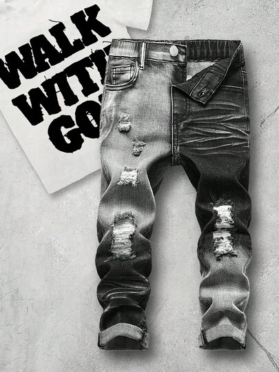 SHEIN Bolty Young Boy Vintage Urban Street Distressed Ripped Frayed Gradient Wash Black Denim Jeans Fall Winter,Casual And Versatile Dailywear And Streetwear,Christmas, New Year,Thanksgiving,Stylish Graduation,Black Jeans