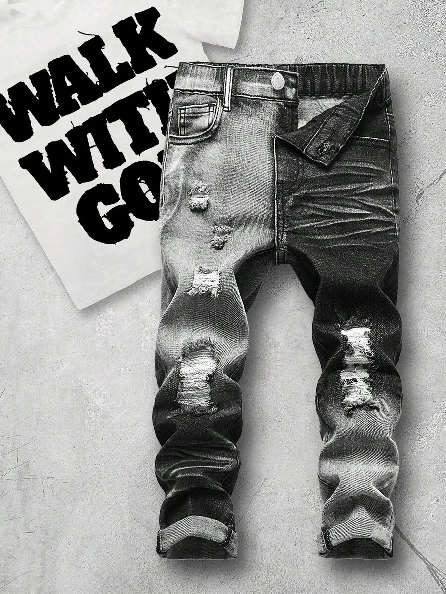 SHEIN Bolty Young Boy 复古都市街头做旧破洞渐变水洗黑色牛仔裤，秋冬休闲百搭日常穿搭及街头服饰，圣诞节、新年、感恩节、毕业季等场合皆宜，尽显时尚风采。 - 黑色 - 查看 1