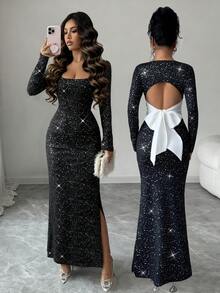 Elenzga 优雅休闲性感长裙，圆领，长袖，金属面料，腰部设计，露背，蝴蝶结，撞色拼接，适合派对和约会 - 黑色 - 查看 8