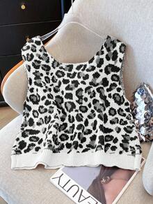 Franclia 大码女式法式豹纹领结无袖针织开衫背心，时尚休闲百搭分层上衣 - 彩色 - 查看 2