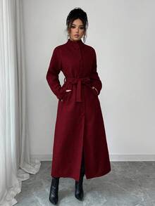 SHEIN Elenzya 女士加厚面料立领插肩袖腰部抽绳设计优雅教师/学生外套，生日礼物、约会、派对、独立日、网络星期一、万圣节、双十一、返校派对 - 紅色 - 查看 4