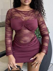 Alexandranx 女士露背蕾丝性感迷你连衣裙，酒红色，适合春夏季假期 - 酒紅色 - 查看 3