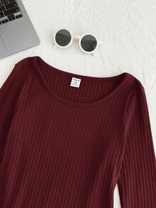 Tween Girls' Ribbed Crew Neck Elastic Fitted All-Match Versatile Long Sleeve T-Shirt, Comfortable - Burgundy - View 9