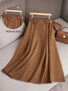 Franclia 常规卡其色女式褶皱拼接中长裙，优雅休闲装，适合通勤、度假、学校、家庭、百搭春夏