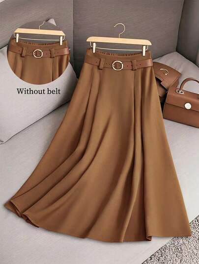 Franclia Regular Khaki Women Pleated Patchwork Midi Skirt, Elegant Casual Wear For Commuting, Holiday, School, Family, Versatile Spring/Summer Fall Cloth For Women