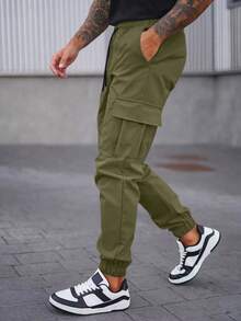 Manfinity Homme 男士时尚纯色工装裤，弹力裤脚，秋季 - 軍綠色 - 查看 4