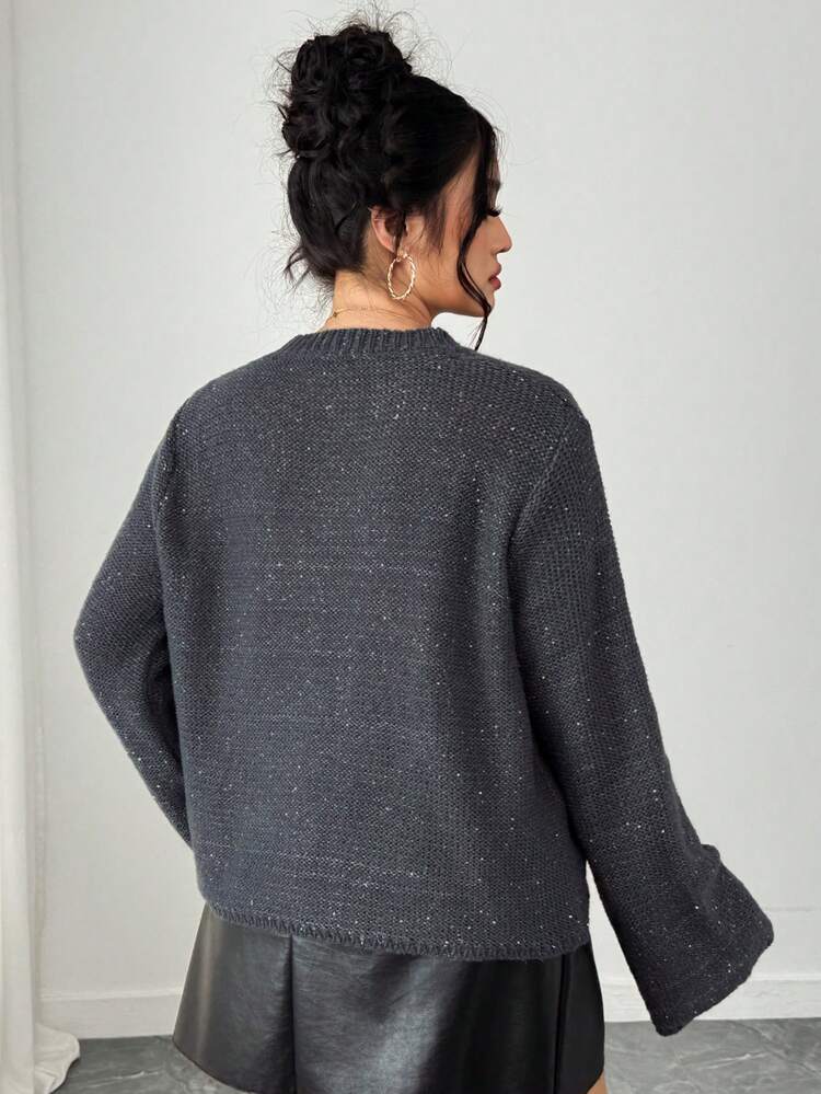 Dazy Plus Plus Size Women Loose Fit Crew Neck Sequin Embellished Casual Pullover Sweater, Suitable For Autumn/Winter