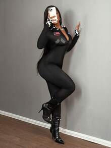 Slaydiva Motorcycle Crew Pattern Contrast Color Zipper Collar Long Sleeve Jumpsuit - A - Black - View 5