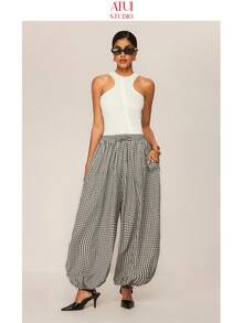 ATUI Studio Women's Elastic Waist Loose Plaid Casual Pants Baggy, Balloon Pants With Black Plaid, Casual Commuting Pants