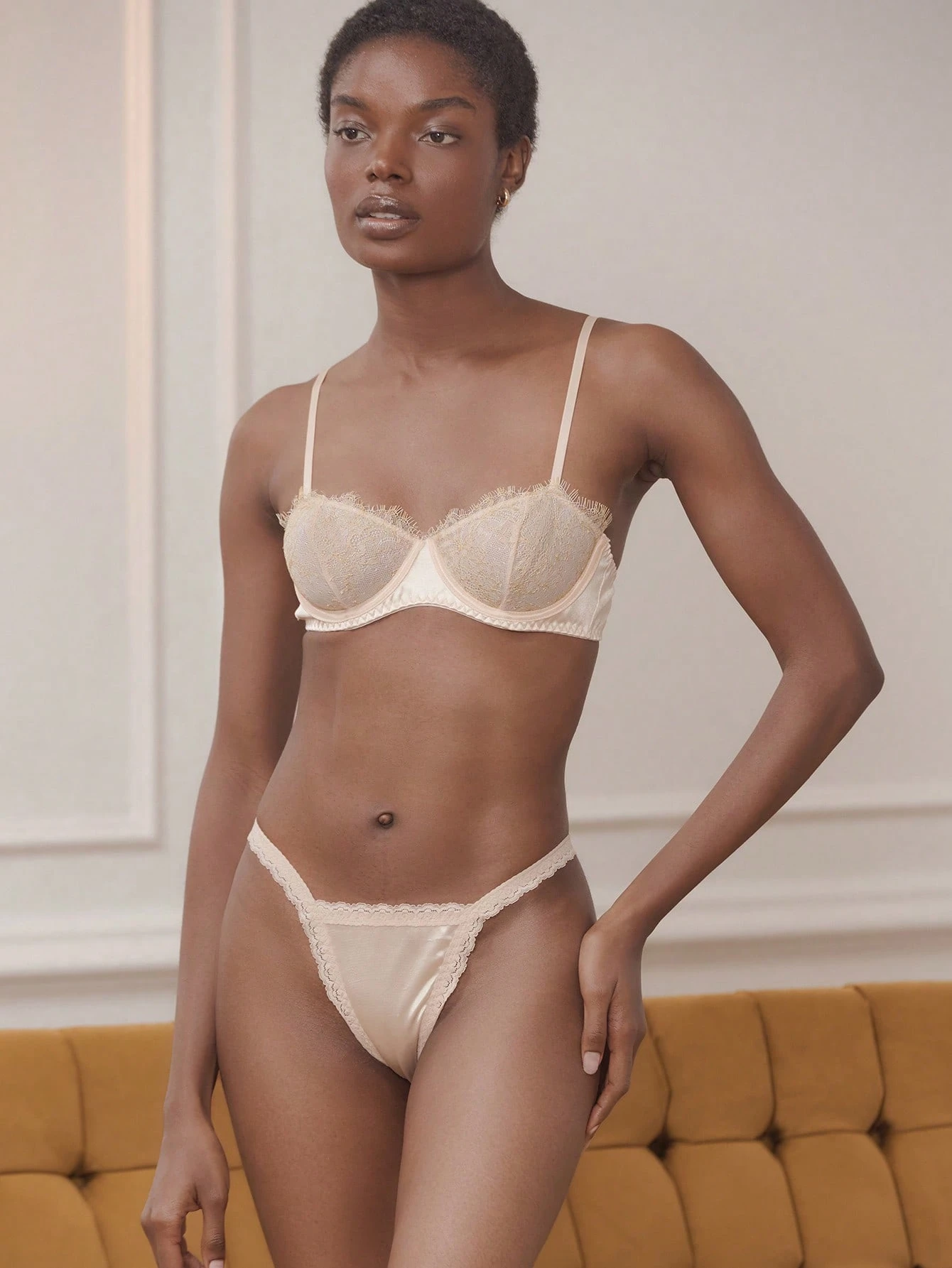 Gold Eyelash Lace And Satin Underwired Bra And Matching Knicker Lingerie Set Cute Sexy Vintage