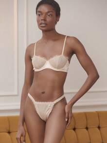 lacRébo 金色睫毛蕾丝缎面钢圈文胸及配套内裤内衣套装，可爱性感复古圣诞风 - 金色 - 查看 4