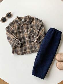 2pcs/Set Baby Boy Plaid Collar Casual Shirt & Elastic Waist Pants Set Baby Set Autumn Winter Season Baby Boys Outfit Baby Boy Plaid Outfit Baby Boy Fall Winter Babyboy Outifts - Multicolor - View 6