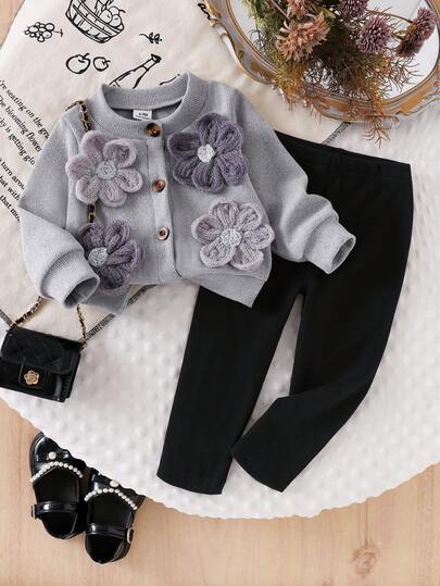 SHEIN 2pcs Toddler Girls' Ribbed Long Sleeve Cardigan Jacket With Floral Decor & Solid Color Pants Set, Casual Loungewear For Spring & Autumn