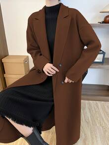 EMERY ROSE 女士长款灰色羊毛大衣，带纽扣，秋季保暖