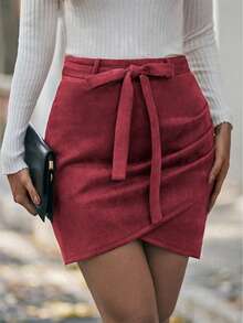 SHEIN LUNE Rok Bodycon Lilit Warna Polos, Kasual & untuk Beraktivitas, Musim Gugur/Dingin - Hot Pink - View 3