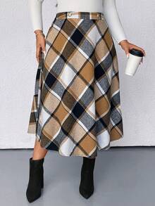 SHEIN Plus Size Women Autumn/Winter A-Line Mid-Length Skirt, Earthy Tone Brushed-Like Metallic Button Plaid Pattern - Brown - View 4