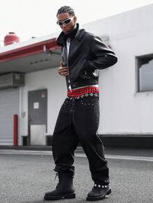 Manfinity Roghcode Personalized Double Waistband Drawstring Contrast Star Print Black Jeans Emo Pants Goth Pants Punk Pants Men Goth Sweatpants - Black - View 2