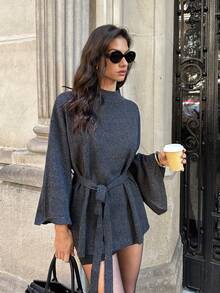 Firerie Women's Elegant Minimalist Commute Office Urban Chic Casual Daily Stand Collar Cinched Waist Loose Poncho Waist Knit Sweater, Dark Gray - Dark Grey - View 6