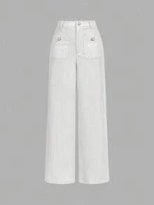SHEIN MOD 仿珍珠纽扣装饰背心，直筒裤，贵族风套装，女士两件套，女士两件套，粗花呢两件套，白色两件套，秋冬节日两件套 - 白色 - 查看 5