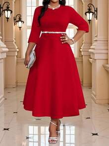 Fleurora 春夏秋冬优雅通勤办公派对婚礼鸡尾酒会音乐会/音乐节白色针织圆领蓬蓬裙七分袖大码连衣裙 - 紅色 - 查看 4