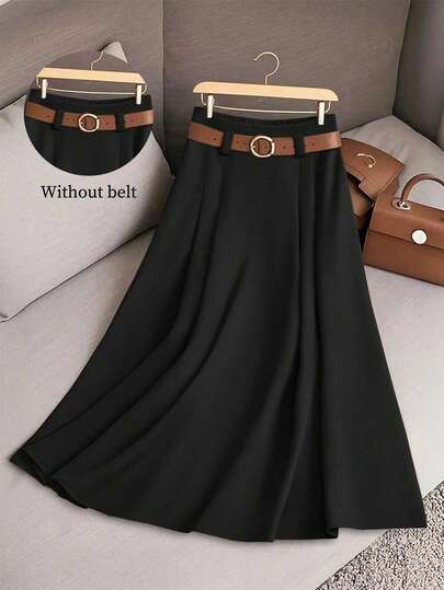 Franclia Halloween Women's Pleated Patchwork Khaki Long Skirt, Elegant Casual Everyday Wear, Commute, Holiday, Academic, Family, Fashion Versatile, Spring/Summer Black Midi Skirt Belt Skirt Fall Cloth For Women