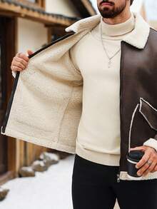 Manfinity CasualCool Men's Thermal Lined Sherpa Jacket,Dark Beige,Winter,80s,Hiking,Contrast Color Fur Collar Zip-Up Long Sleeve Brown Bomber Jacket For Autumn/Winter - Coffee Brown - View 8