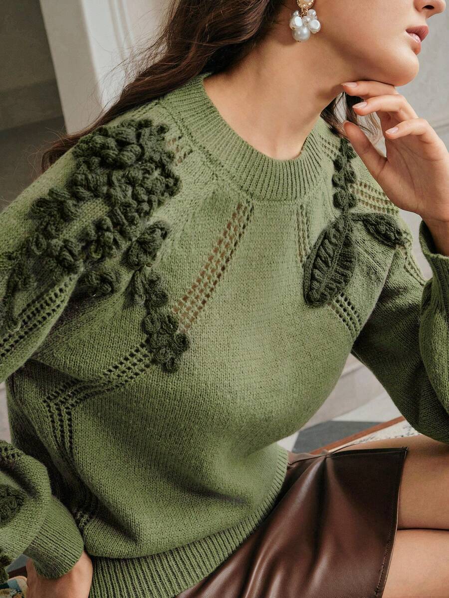 Anewsta Áo len chui đầu màu xám dệt tay họa tiết hoa 3D thanh lịch dành cho nữ, thích hợp cho mùa thu, mùa đông, đi chơi, thanh lịch, trang trọng, tiệc tùng, sang trọng, năm mới, giáng sinh, công sở, tốt nghiệp, đám cưới, ấm cúng - xanh quân đội - Xem 1